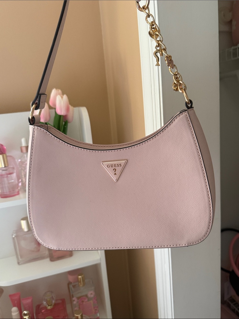 Guess Shoulder Bag in Pink with Chain Accent
